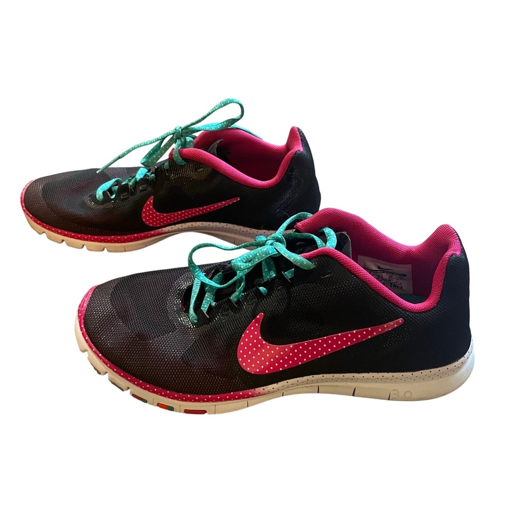 Nike Free 3.0 V5 Womens 8 Black Pink Teal Polka Dot Running Shoes 580364-001
